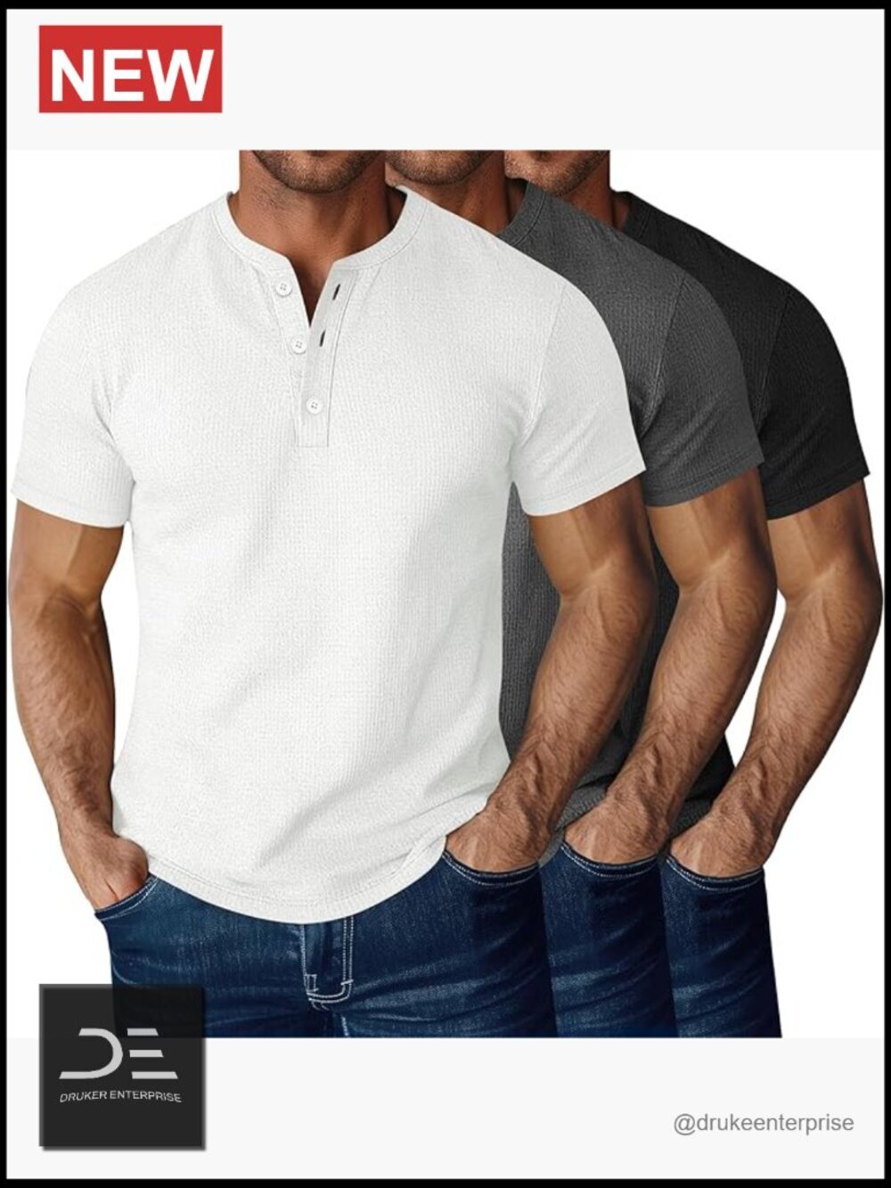 Waffle Knit Henley Shirts Short Sleeve Button Tees 3 Pack